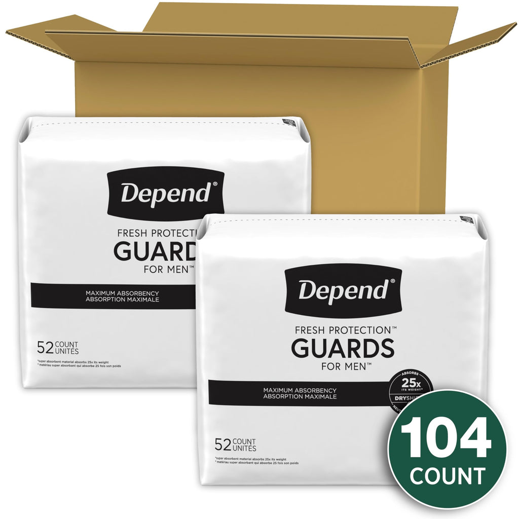 Depend Incontinence Guards/Incontinence Pads for Men/Bladder Control Pads, Maximum Absorbency, 104 Count (2 Packs of 52), Packag