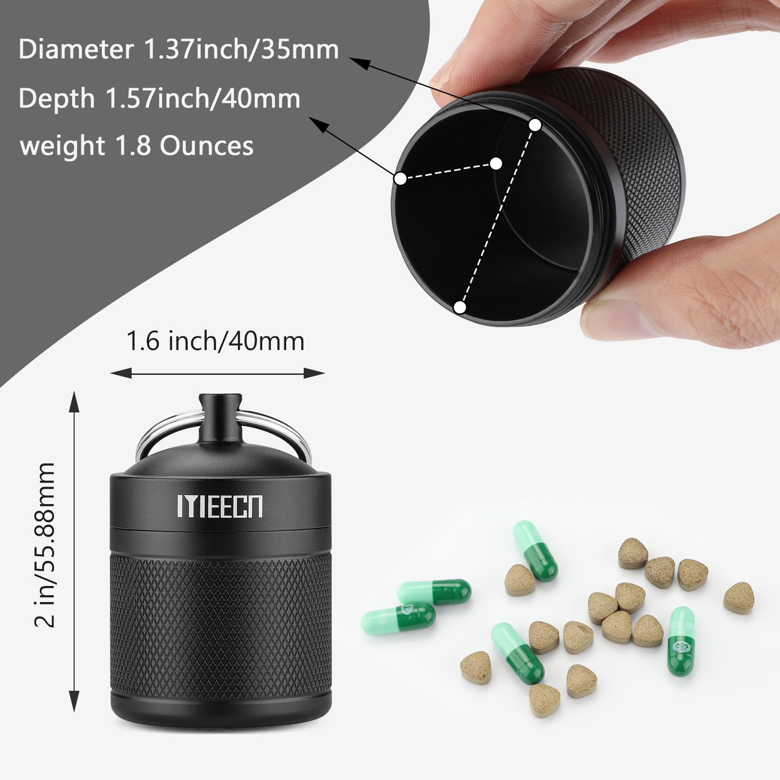 MEECN Keychain Pill Holder, Box, Aluminum, Waterproof Container, Pill Organizer for Outdoor Travel Camping, Size: 1.6 x 1.6 x 2