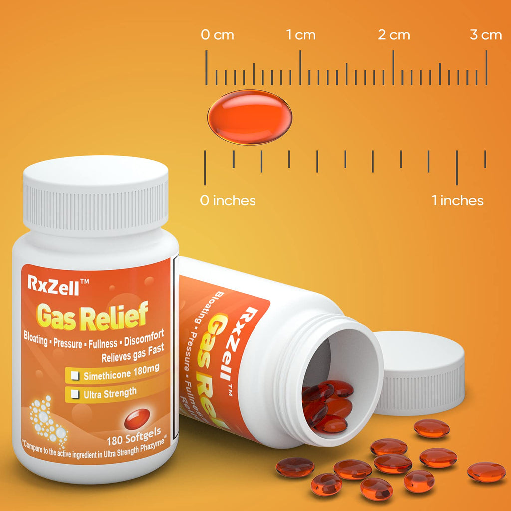RXZELL Gas Relief, Ultra Strength Simethicone 180mg, 180 Softgels - Anti Flatulence Relieves Gas Fast, Bloating Aid, Stomach Dis