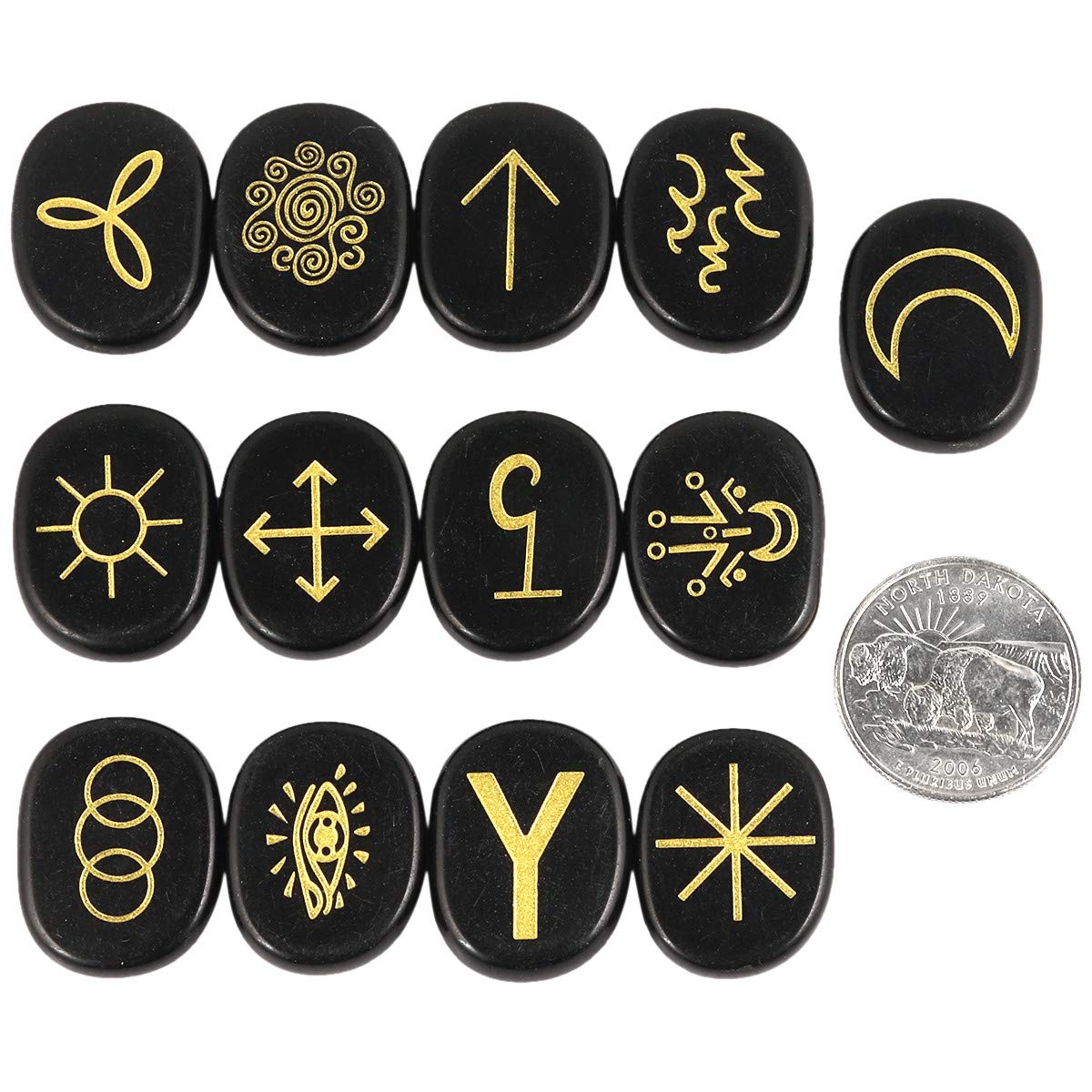 mookaitedecor Black Obsidian Witches Runes Set of 13, Healing Crystal Stone with Engraved Gypsy Symbol for Meditation Divination