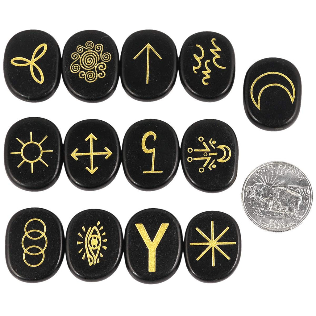 mookaitedecor Black Obsidian Witches Runes Set of 13, Healing Crystal Stone with Engraved Gypsy Symbol for Meditation Divination