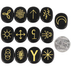 mookaitedecor Black Obsidian Witches Runes Set of 13, Healing Crystal Stone with Engraved Gypsy Symbol for Meditation Divination