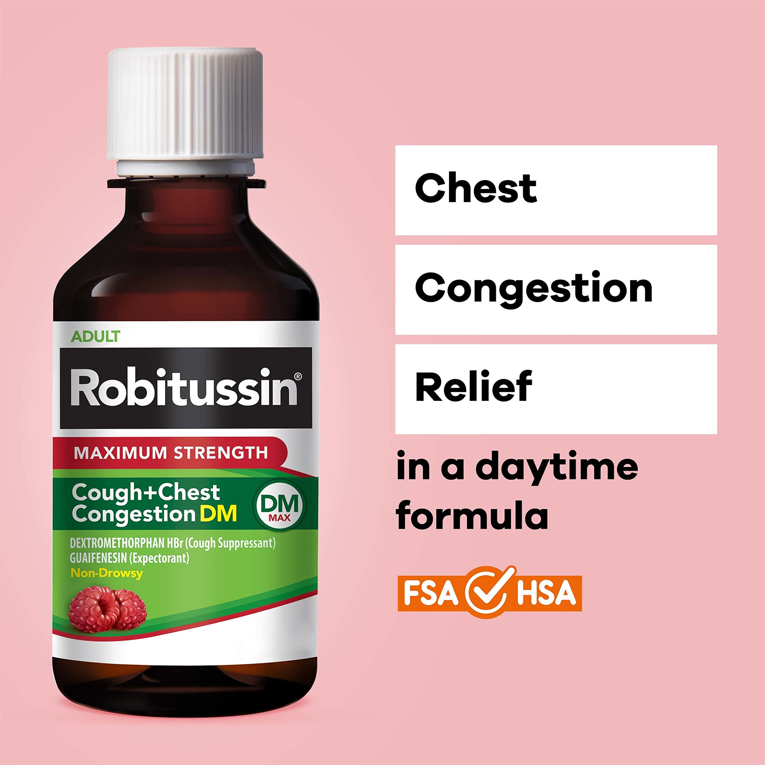 Robitussin Adult Maximum Strength Cough + Chest Congestion DM Max (4 fl. oz. Bottle), Cough Suppressant & Expectorant, Raspberry