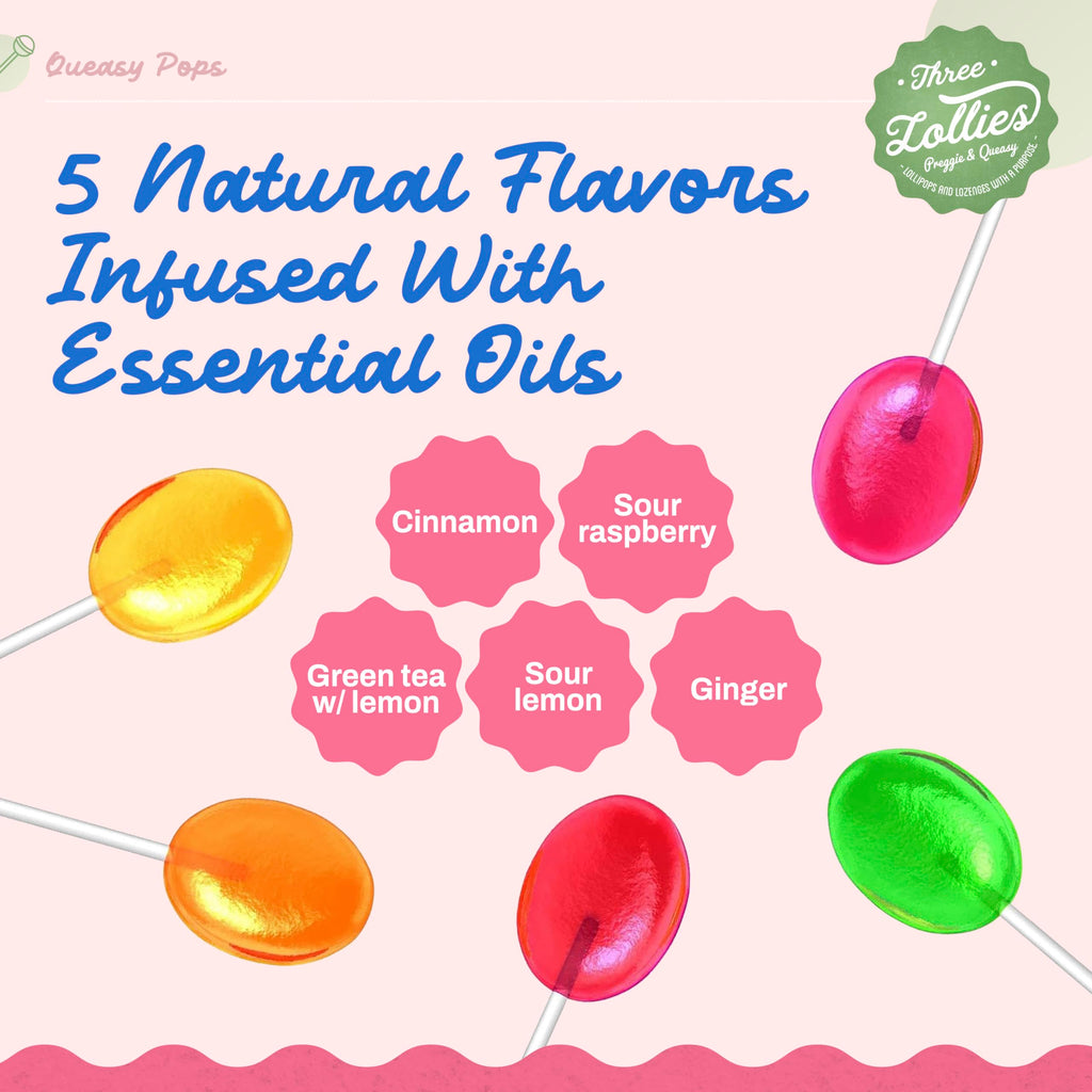 Three Lollies Queasy Pops - Lollipop Sticks for Nausea Relief, Motion Sickness & Dry Mouth - Natural Ingredients - 7 ct (3-Pack)