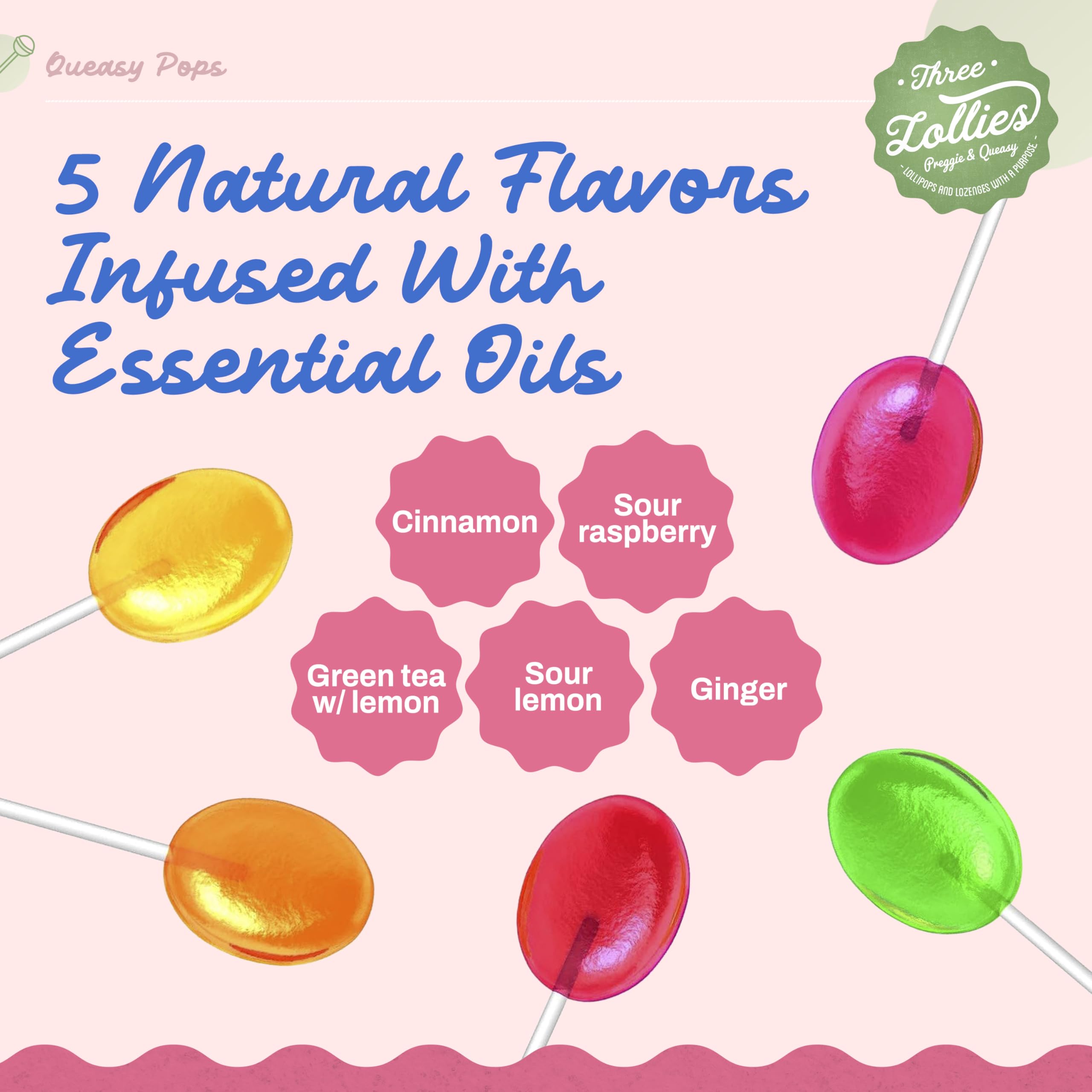 Three Lollies Queasy Pops - Lollipop Sticks for Nausea Relief, Motion Sickness & Dry Mouth - Natural Ingredients - 7 ct (3-Pack)