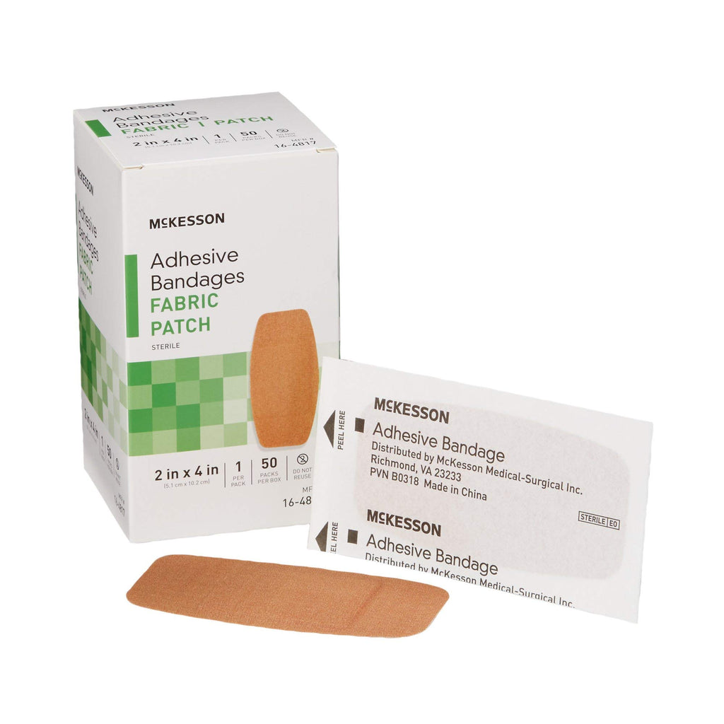 McKesson Adhesive Bandages, Sterile, Fabric Patch, 2 in x 4 in, 50 Count, 24 Packs, 1200 Total