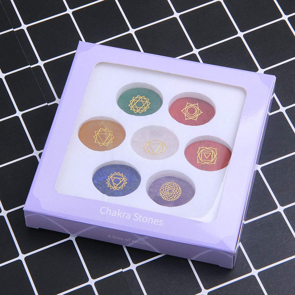 TGS Gems 7 Chakra Stones set - Reiki Healing Crystal With Engraved Chakra Symbols