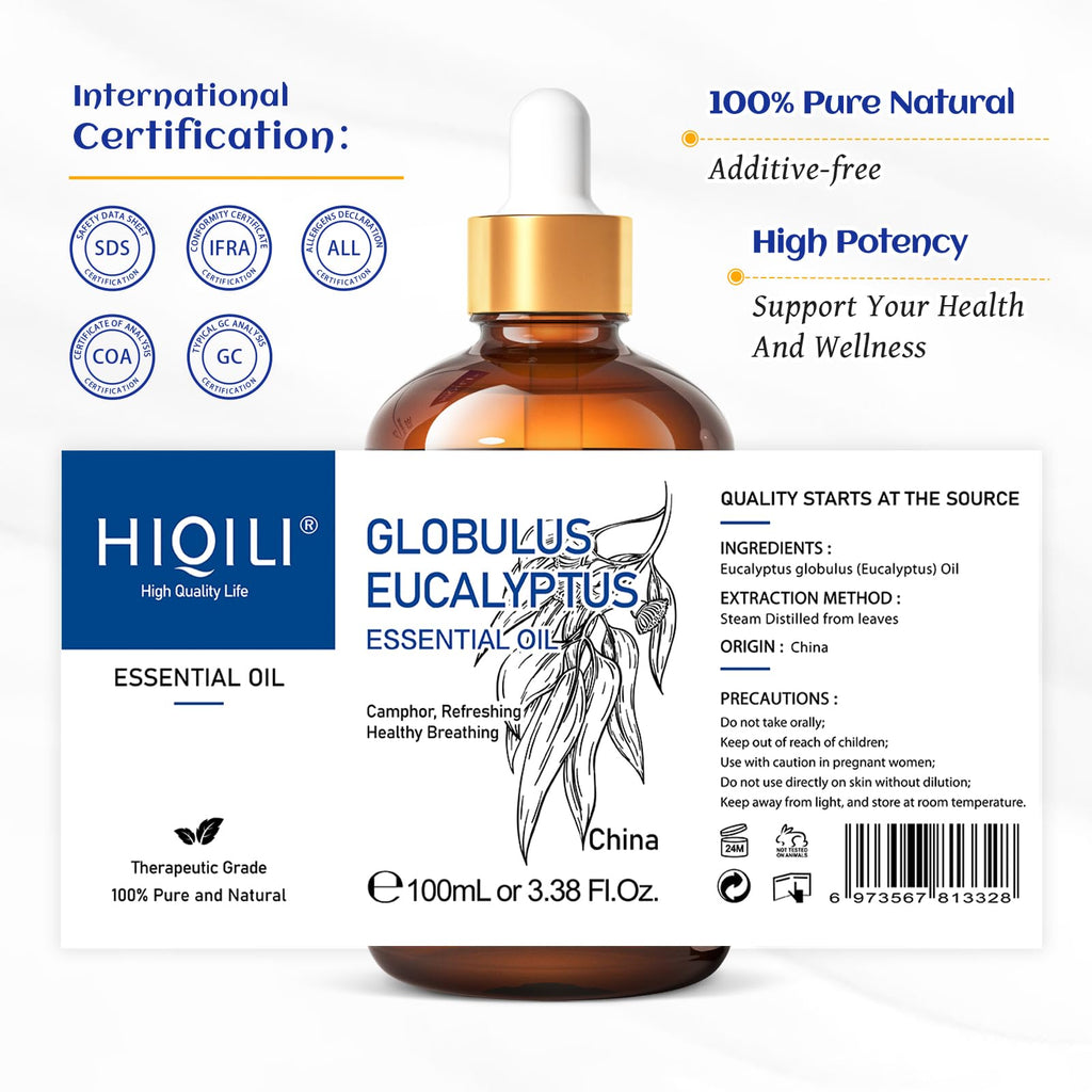 HIQILI 100ML Eucalyptus Essential Oil for Spray, Diffuser & Skin, 100% Pure Undiluted - 3.38 Fl Oz