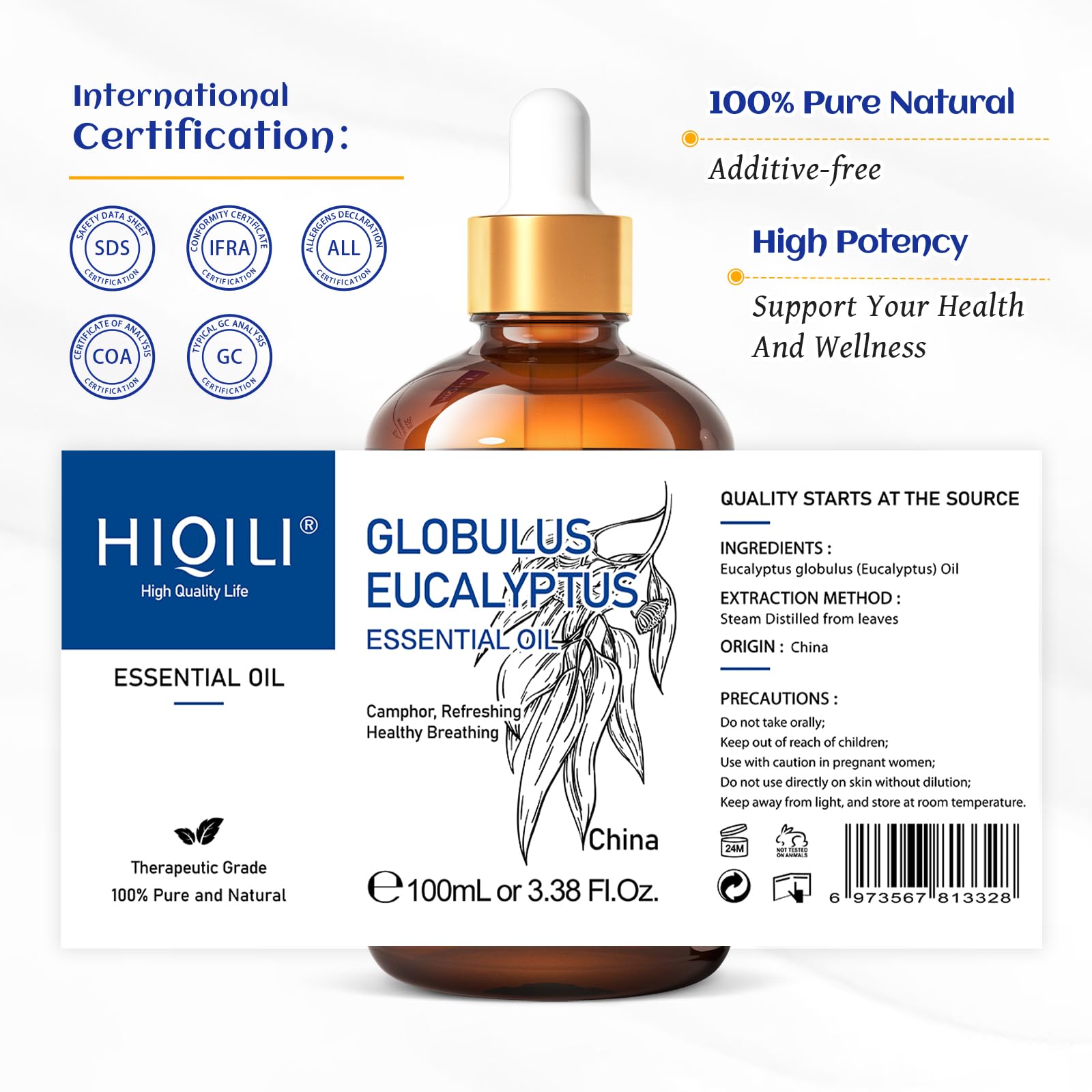 HIQILI 100ML Eucalyptus Essential Oil for Spray, Diffuser & Skin, 100% Pure Undiluted - 3.38 Fl Oz