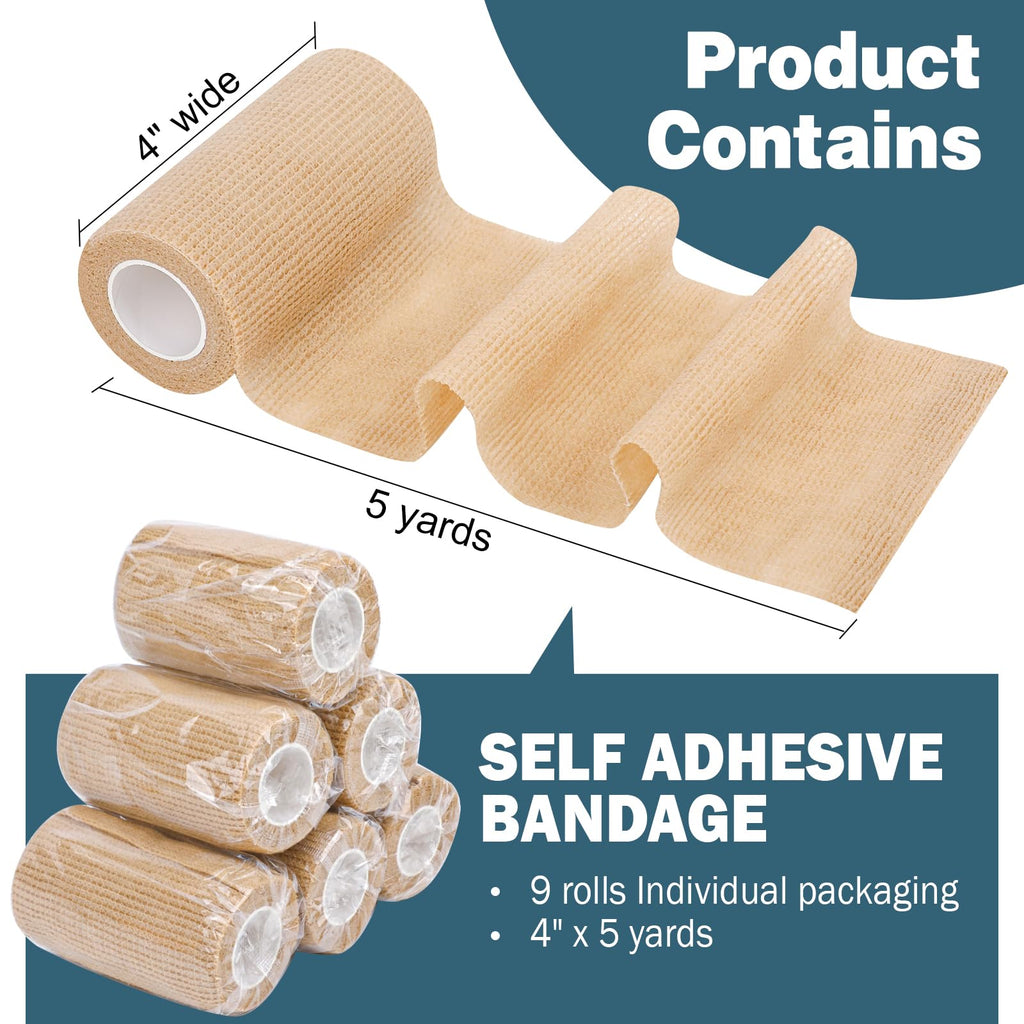 AZEN 9 Pack Self Adhesive Bandage Wrap, 4 X 5 Yards Elastic Cohesive Bandage Wrap, Skin Color Athletic Tape, Ankle Tape, Tattoo
