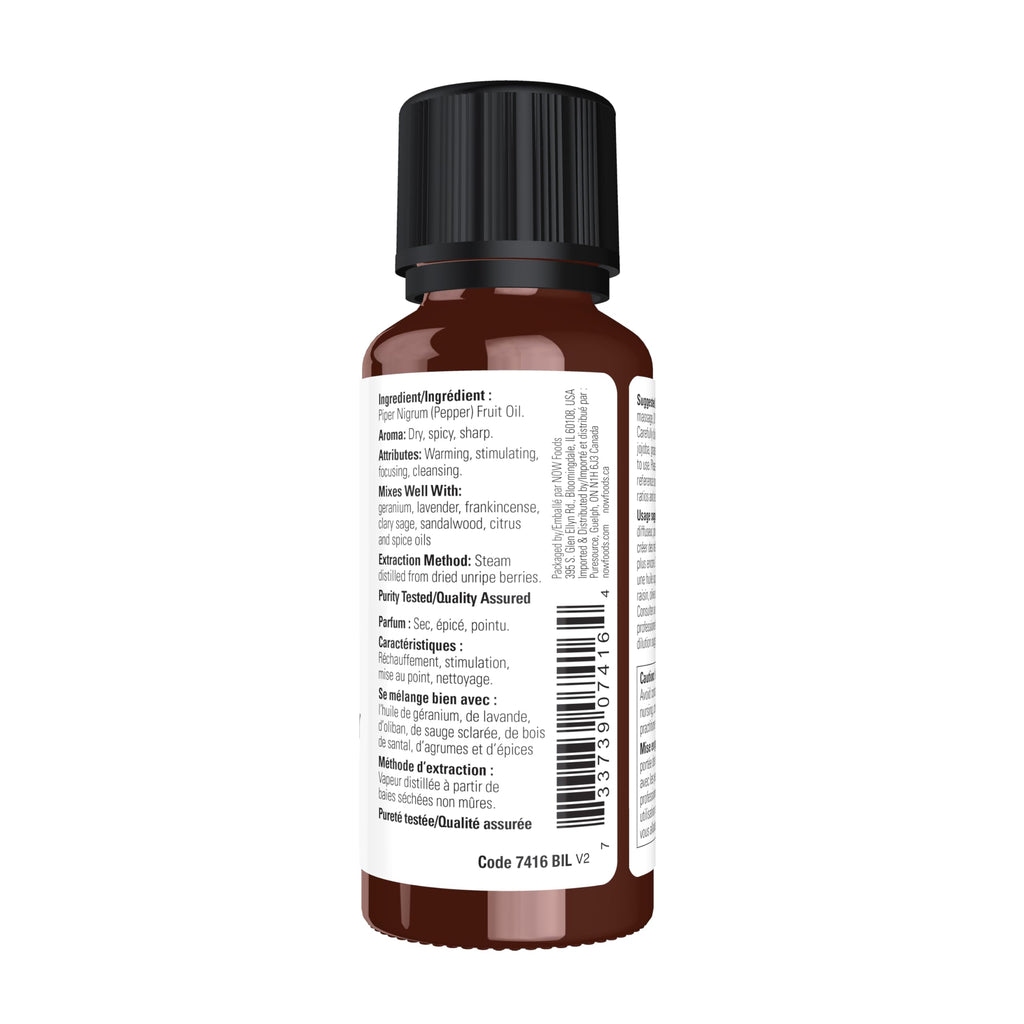 NOW Essential Oils, Black Pepper Oil, Spicy Aromatherapy Scent, Steam Distilled, 100% Pure, Vegan, Child Resistant Cap, 1-Ounce
