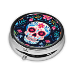 keluki Mexican Sugar Skull and Flowers Print Round Metal Pill Box with 3 Compartment for Pocket or Purse Travel Bag Mini Small S