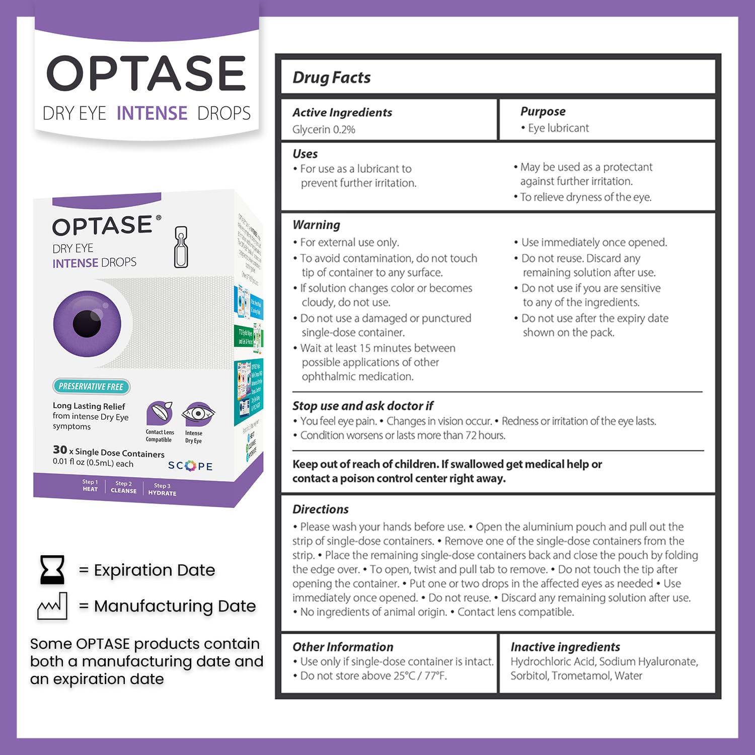 Optase Dry Eye Intense Drops, Single Dose - Preservative Free Eye Drops for Long Lasting Relief - Artificial Tears to Relieve Se