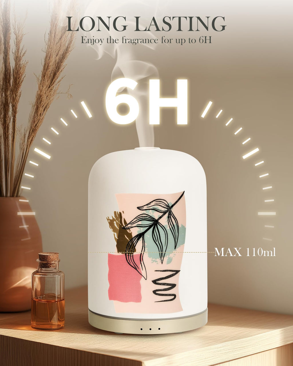 110ML Essential Oil Diffuser with Handmade Ceramic Cover, Aromatherapy Diffuser for Large Room, Quiet Ultrasonic Aroma Diffuser