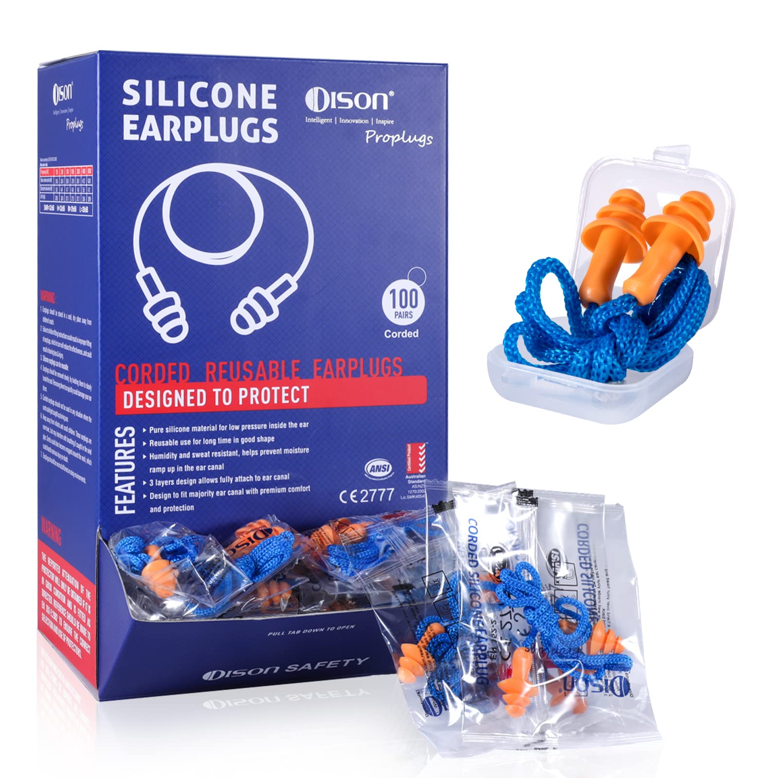 Dison 100Pairs Silicone Ear Plugs, 32dB Corded Reusable Earplugs for Hearing Protection, Noise Reduction for Shooting Range, Wor