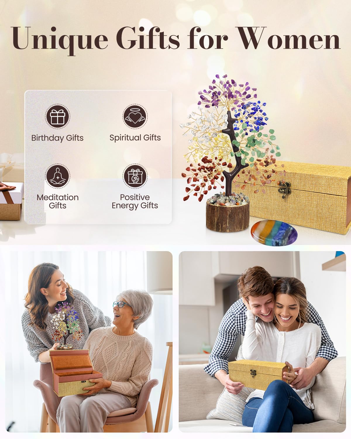 7 Chakra Crystal Tree of Life with Worry Stone (Set 2) - Unique Birthday Gifts for Women, Valentine's Day Gift, Chakra Trees Hea