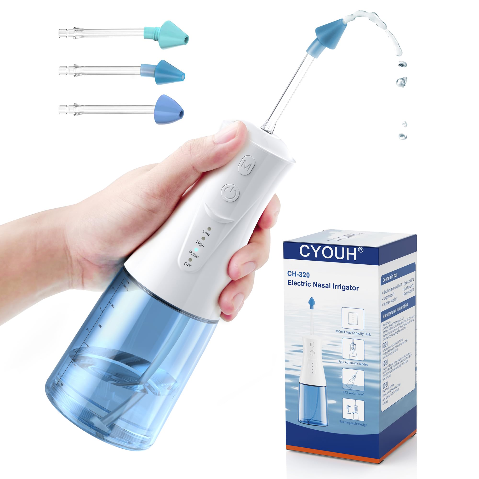 CYOUH Electric Neti Pot Nasal Irrigation System - 300ml Cordless Sinus Rinse Machine for Adults & Kids, Nose Wash Bottle with 3 