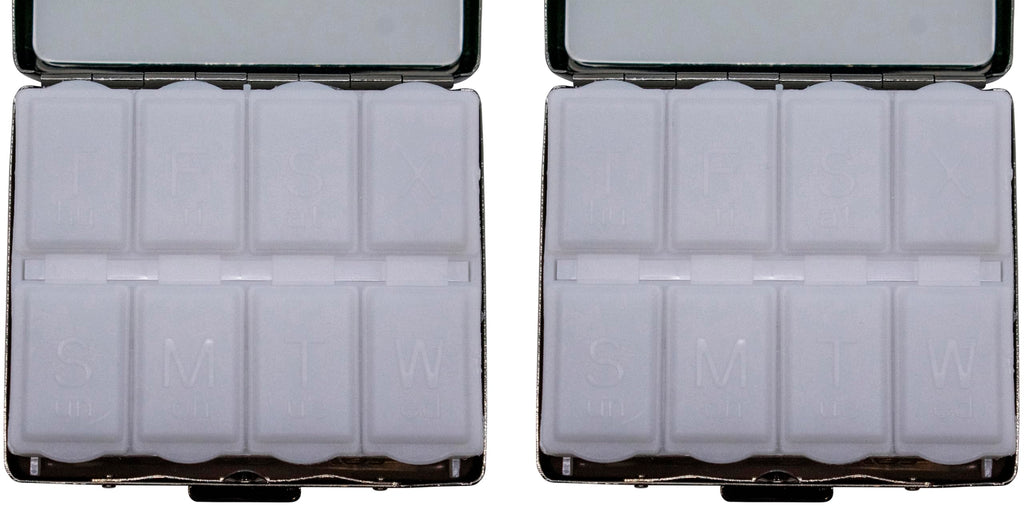 Set of 2 Metal-Plated Weekly (7-Day) Pill Box Case & Portable Medicine Organizer (Silver Victorian)
