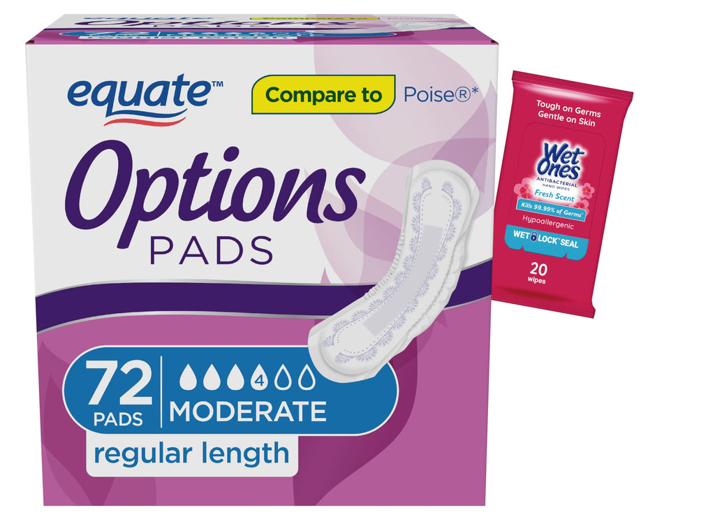 Generic Equate Options Incontinence Pads for Women, Ultimate Absorbency, RegularLength (72 Count), Plus Wet Ones Wipes, White