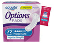 Generic Equate Options Incontinence Pads for Women, Ultimate Absorbency, RegularLength (72 Count), Plus Wet Ones Wipes, White