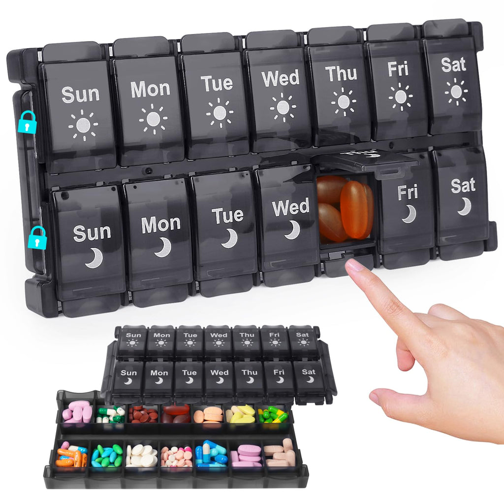 HRX Package Weekly Pill Organizer 2 Times a Day, Easy Fill & Open AM/PM Medicine Box 7 Day Vitamin Cases Day and Night