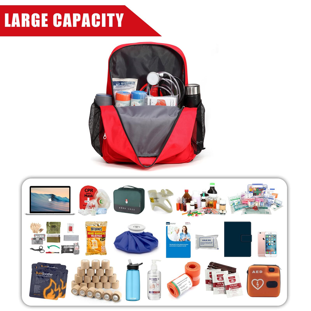 First Aid Backpack Emergency Medical Empty Waterproof Survival First Responder Trauma Bag Travel Home Outdoor Camping (Red)