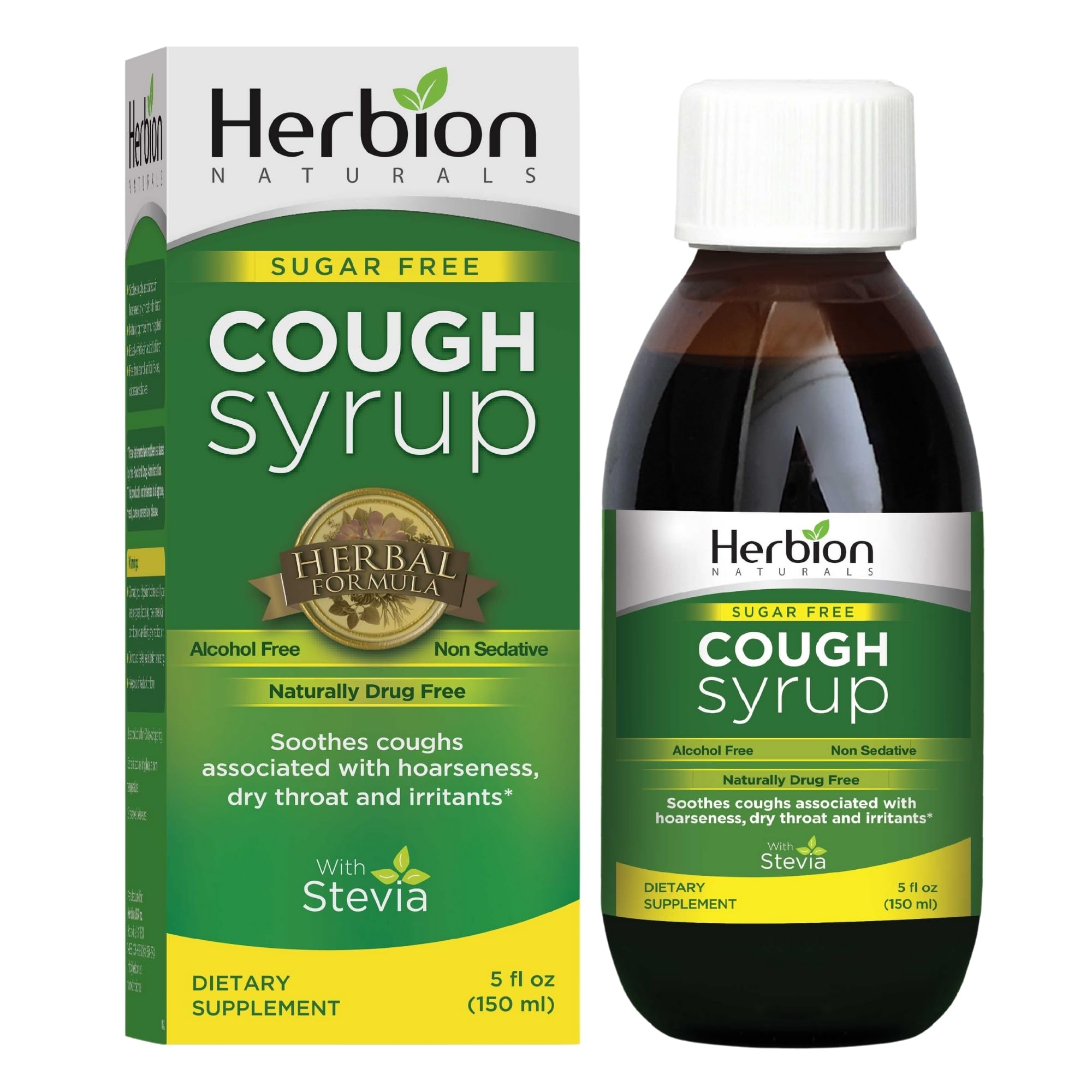 HERBION Naturals Sugar-Free Cough Syrup with Stevia, 5 FL Oz - Helps Relieve Cough and Soothes Sore Throat, Naturally Optimizes