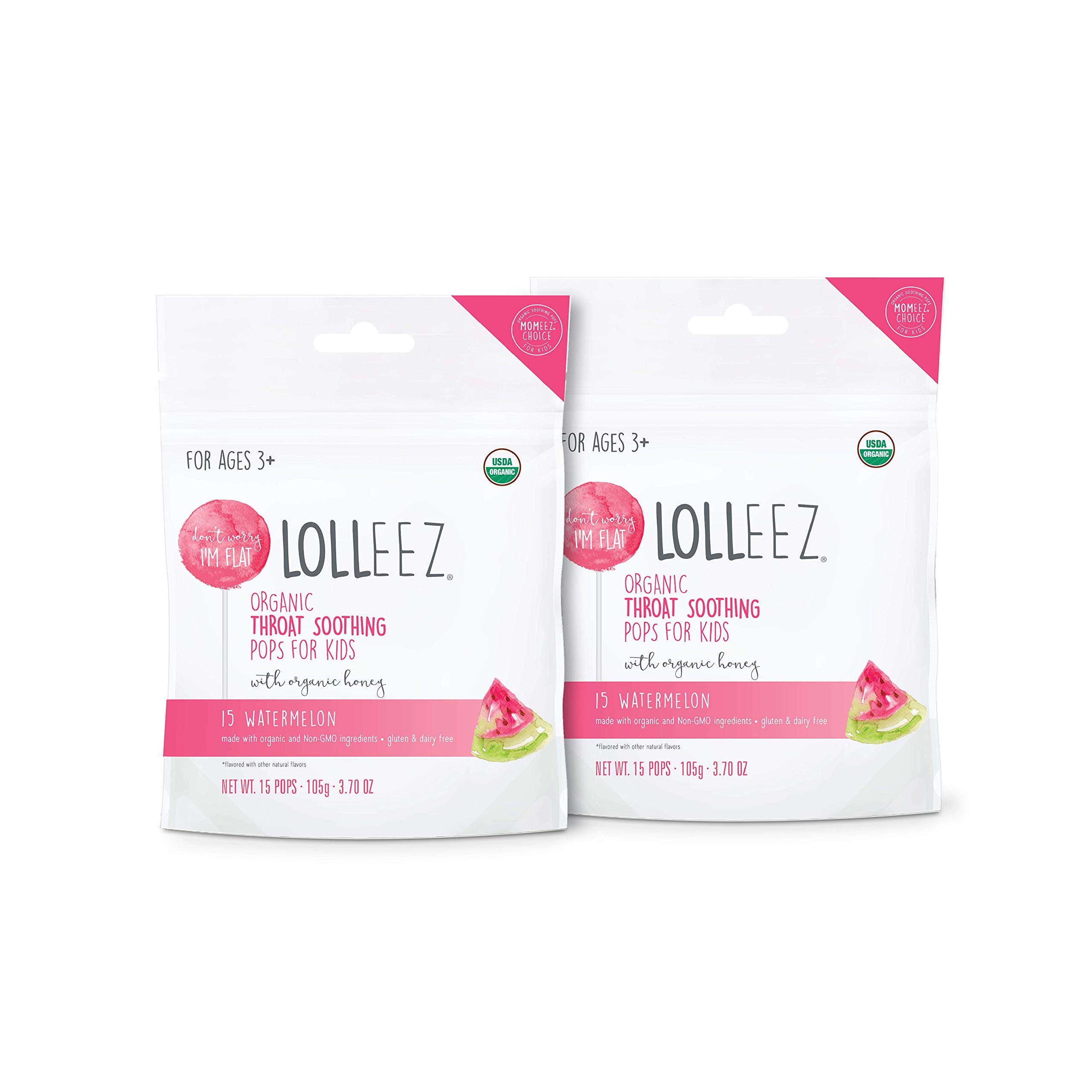 Lolleez Organic Lollipops for Sore Throat Relief - Perfect for Soothing A Sore Throat While Tasting Great - Watermelon, 2-Pack (