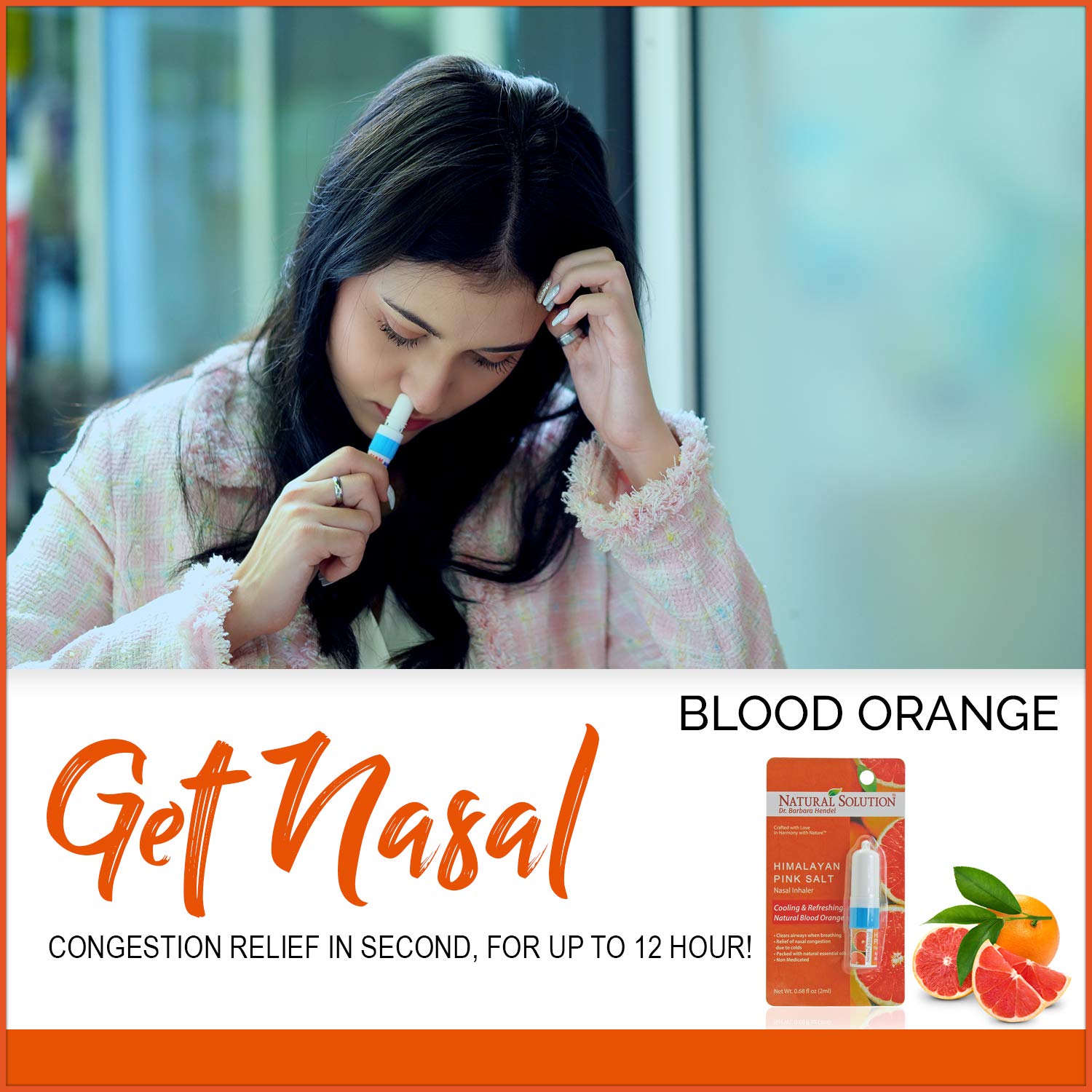 Natural Solution Pink Salt Aromatherapy Nasal Inhaler with Blood Orange Essential Oils for a Refreshing, Relaxing Experience, an