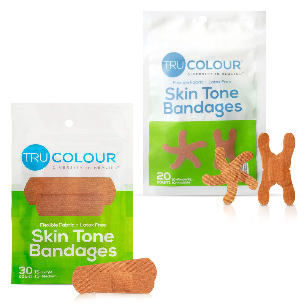 Tru-Colour Skin Tone Bandages Variety Pack - Flexible Fabric Adhesive Strips, Fingertip, Knuckle Bandages - Olive, 2 Pack, 50 Co