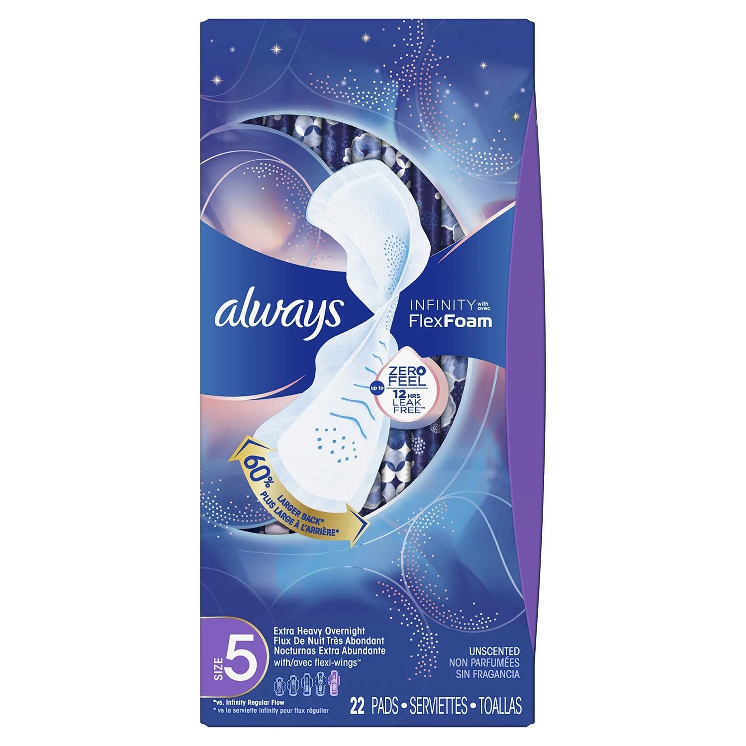 Always Infinity FlexFoam Pads for Women, Size 5, Extra Heavy Overnight Absorbency, Unscented, 22 Count