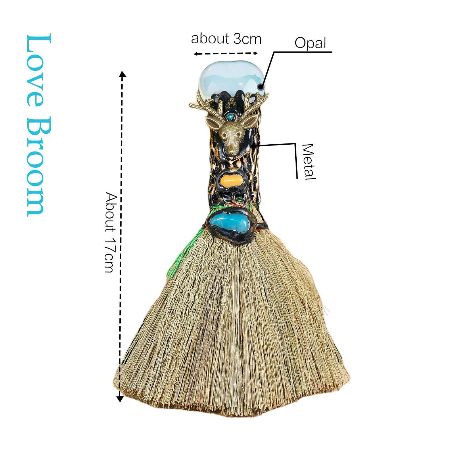 RJINGSHI Opal Magic Broom Love Crystal Witch Broom Reiki Healing Crystal Handmade for Cleansing Bedroom Office Home Decor Gifts