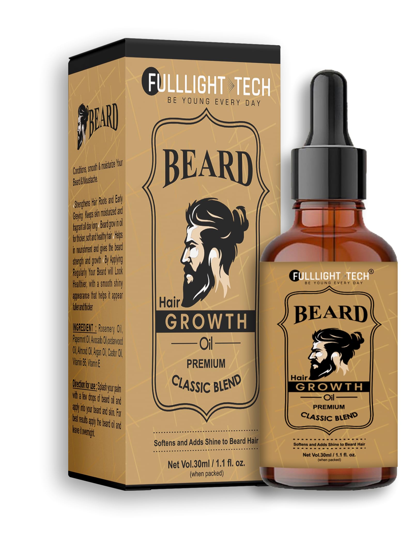 Fulllight Tech Beard Growth Oil 30Ml For Men  Organic Beard Oil With Argan, Almond, Rosemary & Cedarwood  Promotes Thicker Ful