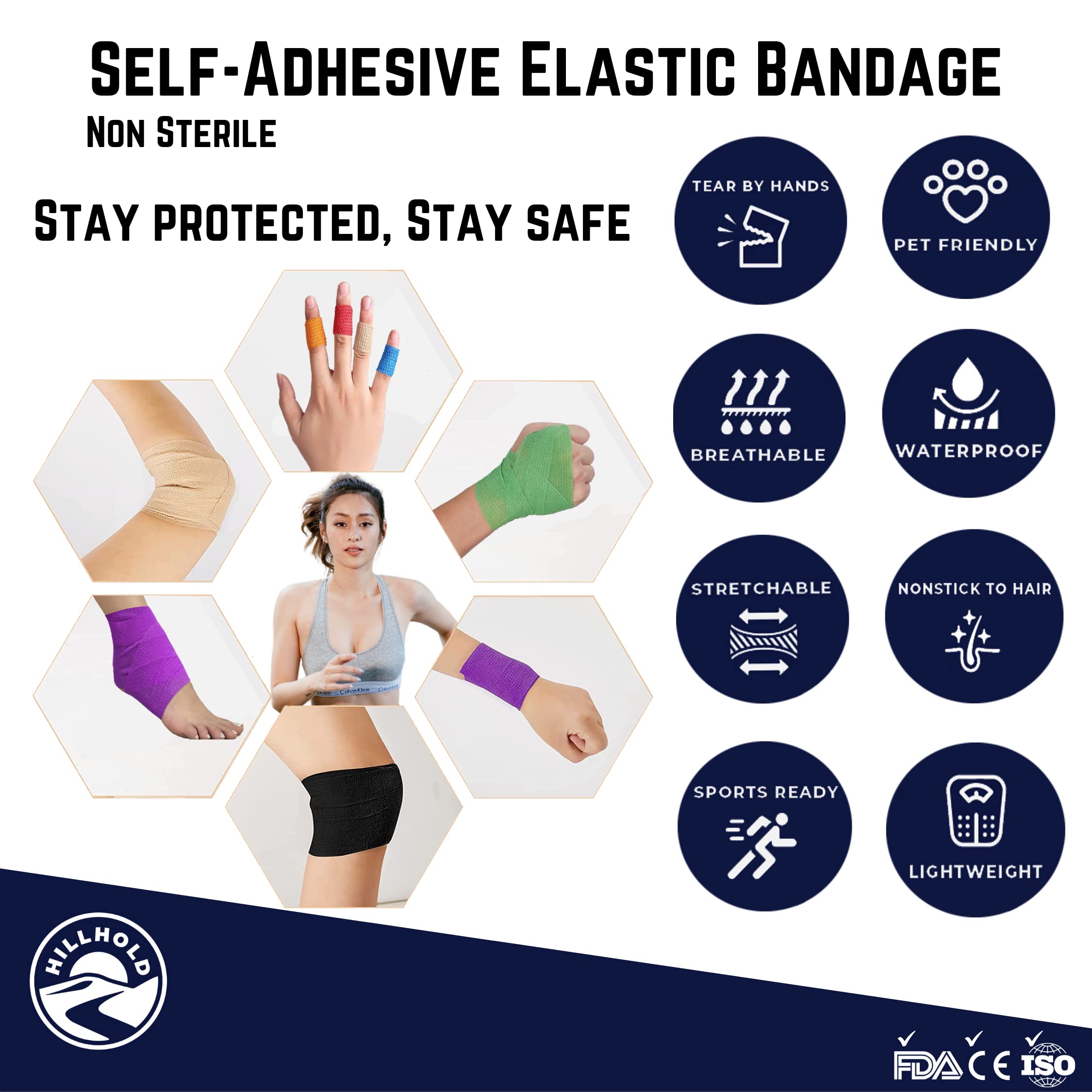 HillHold 3 Inch - 12 Rolls Self Adhesive Bandage Wrap Vet Wrap for Dogs - Wrap Tape Athletic Cohesive Bandage for Sports Injury,