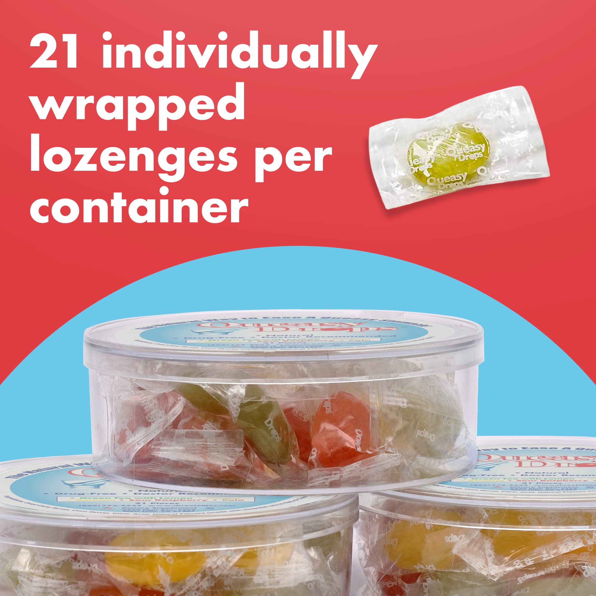 Three Lollies Queasy Drops, Assorted for Queasiness Relief, Green Tea with Lemon, Ginger, Banana, Sour Raspberry, Cola, 21 Count