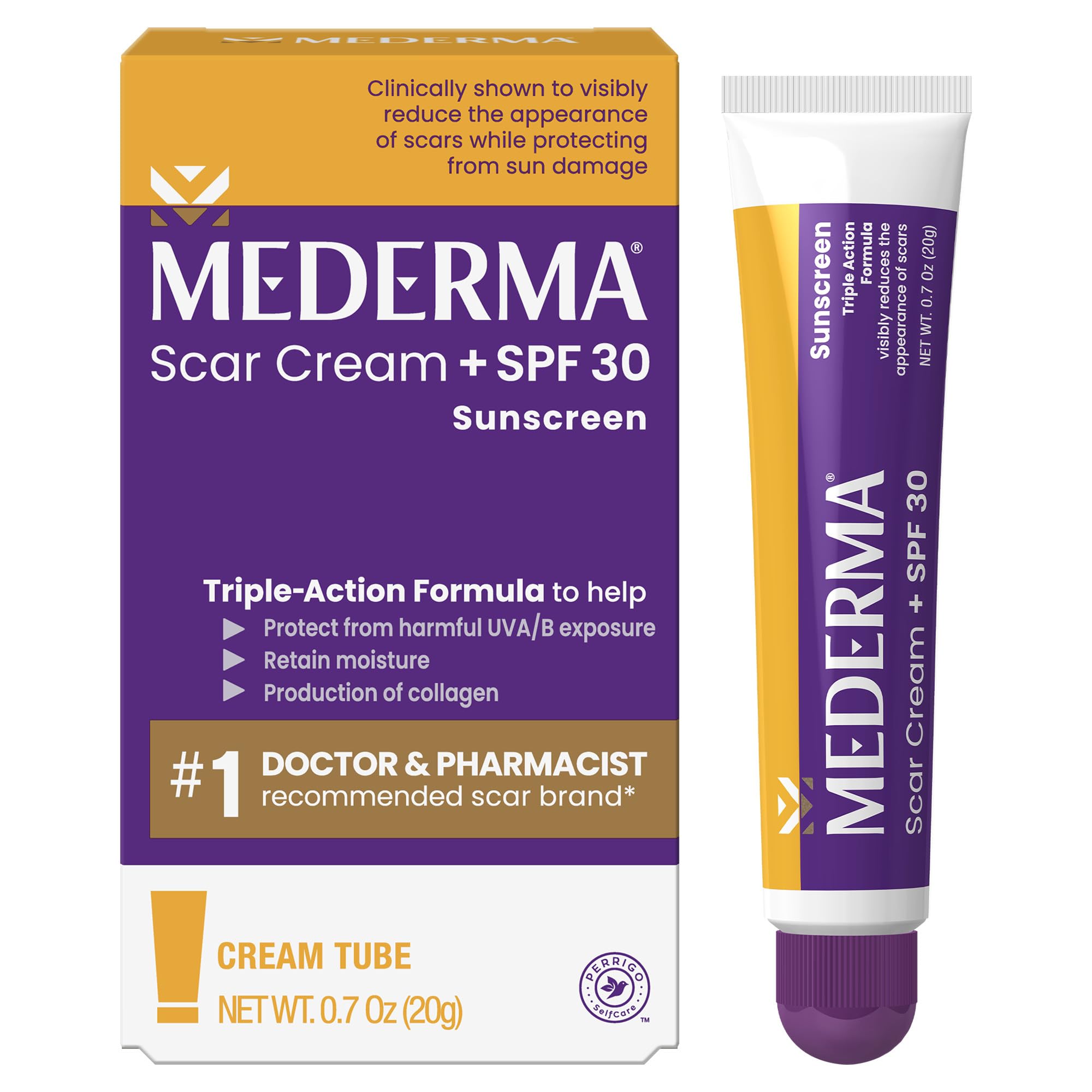 Mederma Scar Cream Plus SPF 30, Sunscreen, Protects from Sun Damage, Reduces the Appearance of Scars, 0.7 Ounce, 20 grams (Packa