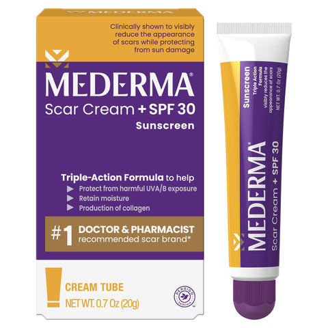 Mederma Scar Cream Plus SPF 30, Sunscreen, Protects from Sun Damage, Reduces the Appearance of Scars, 0.7 Ounce, 20 grams (Packa