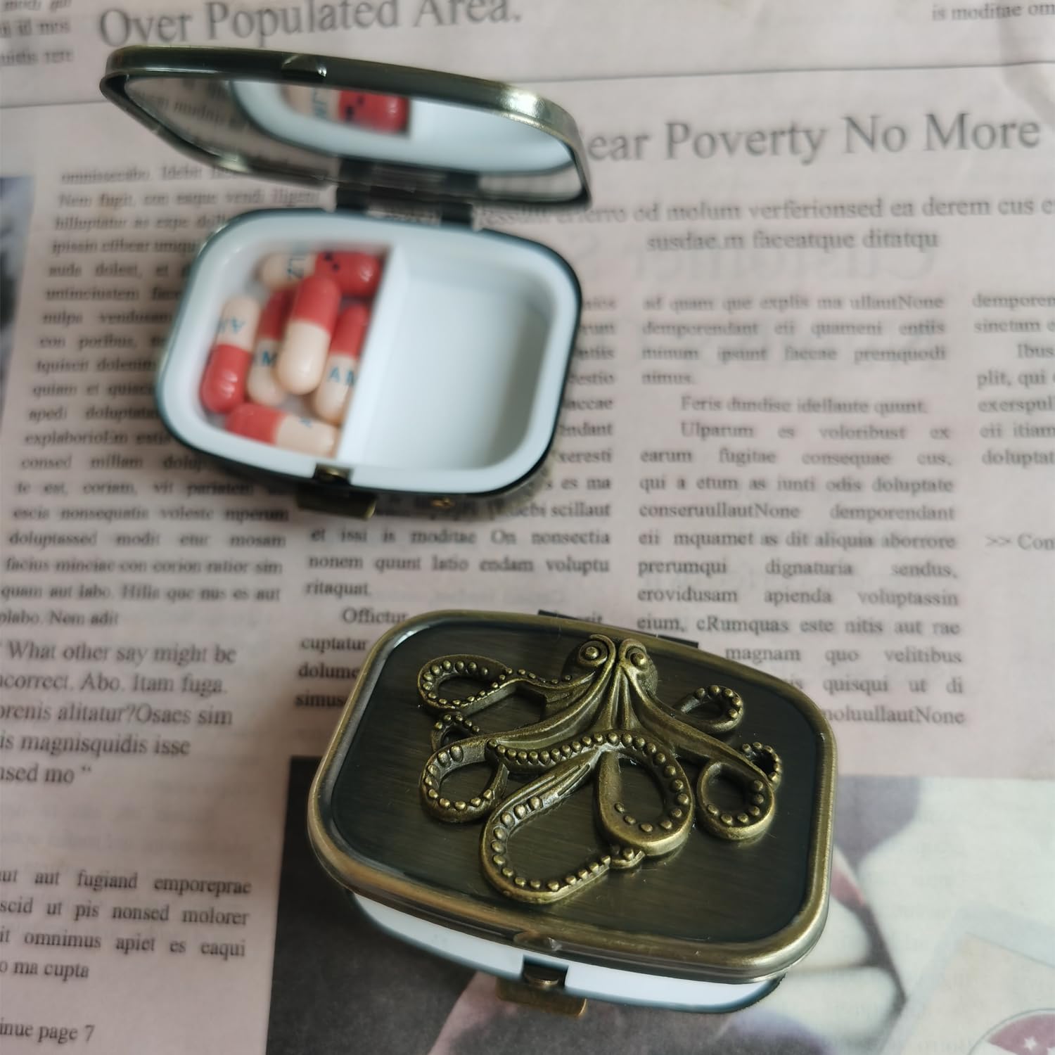 Hidad Bronze Retro Portable Travel Pill Organizer - Octopus Sign Small Pill Box for Purse or Pocket, Cute Durable Portable Mini