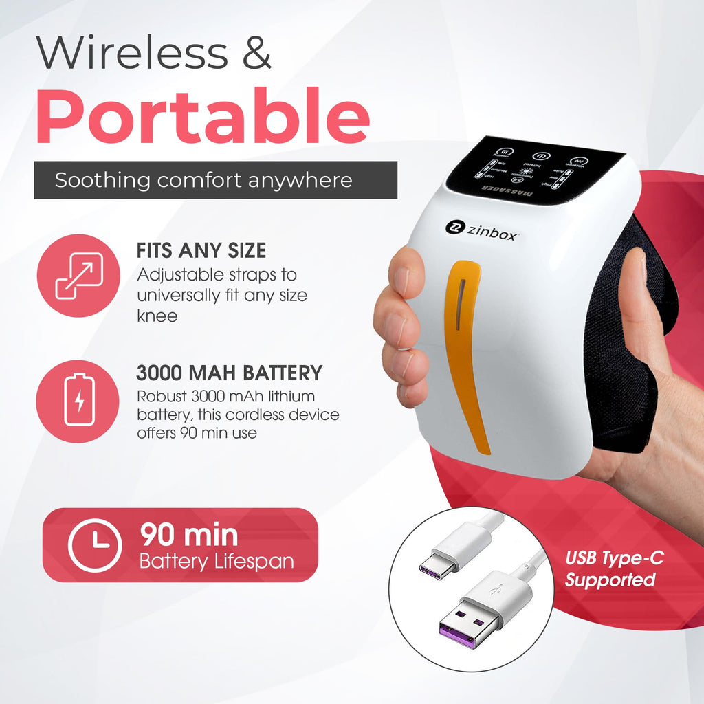 zinbox Upgraded 4-in-1 Portable Knee Massager w/Red Light, Vibration Massage, & Soothing Heat for Relaxation, Comfort Everyday -