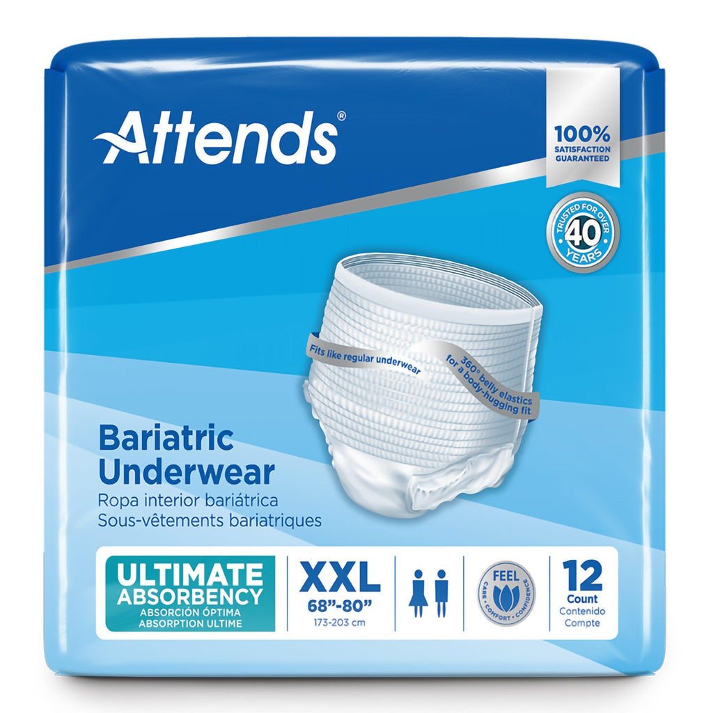 Attends Bariatric Underwear for Adult Incontinence Care with ConfidenceCuff Protection, Ultimate Absorbency, Unisex, XX-Large, 1