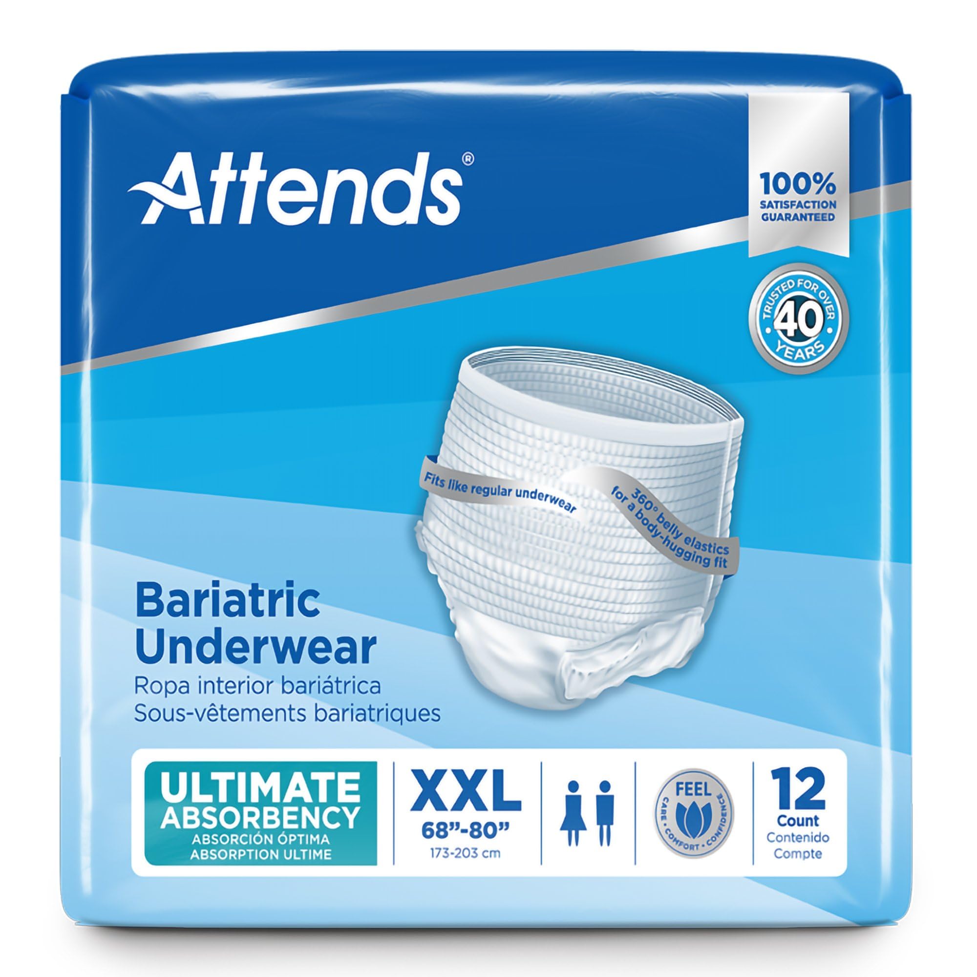 Attends Bariatric Underwear for Adult Incontinence Care with ConfidenceCuff Protection, Ultimate Absorbency, Unisex, XX-Large, 1