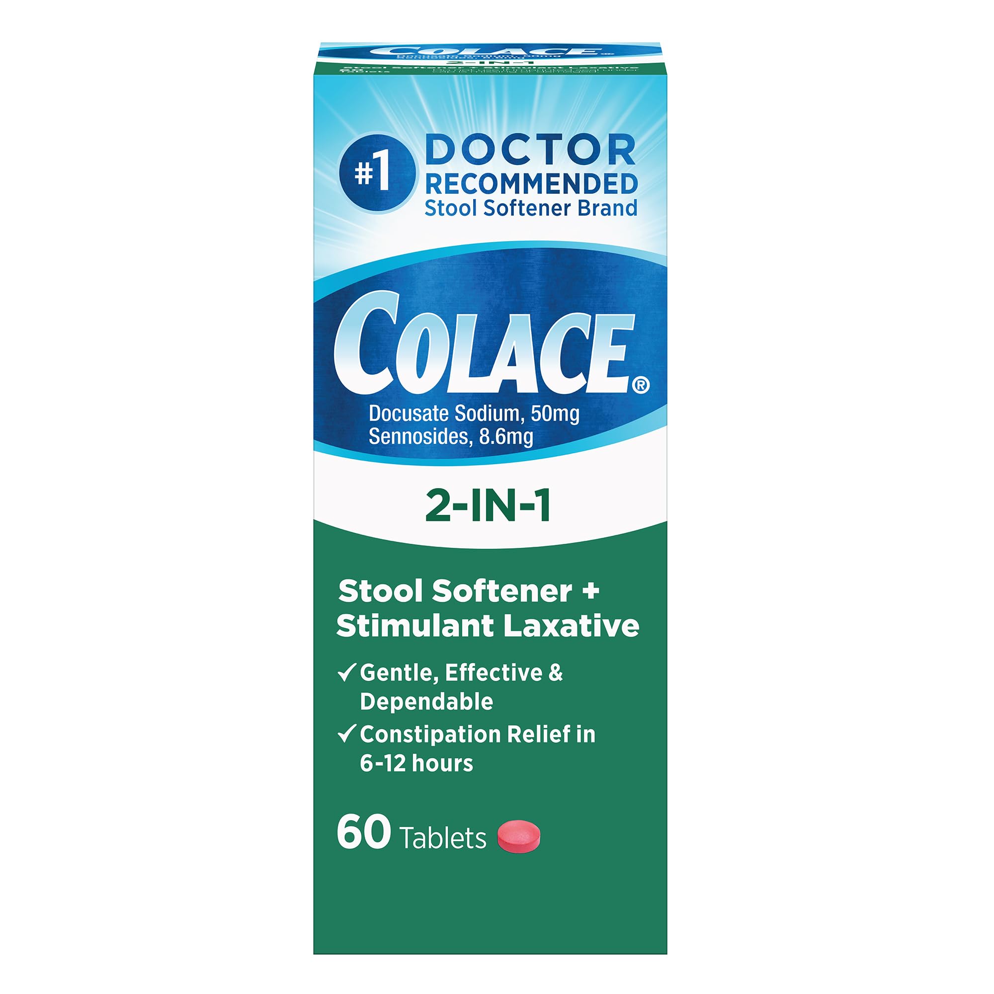 Colace 2-In-1 Stool Softener Plus Stimulant Laxative for Gentle Effective Constipation Relief, Docusate Sodium Plus Sennosides, 