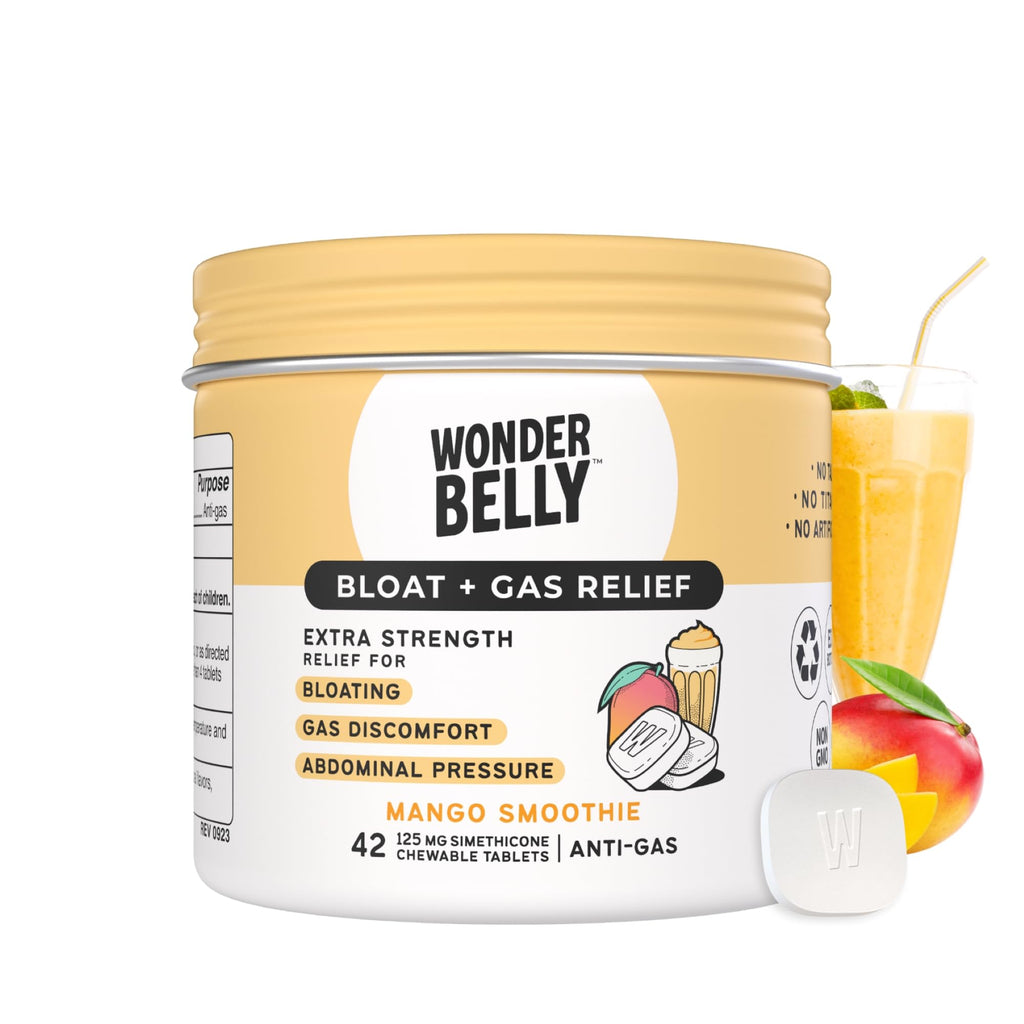 Wonderbelly Bloat + Gas Relief, Extra Strength Chewable Tablets, with 125 mg Simethicone, No Talc or Dye, Mango Smoothie, 42 Cou