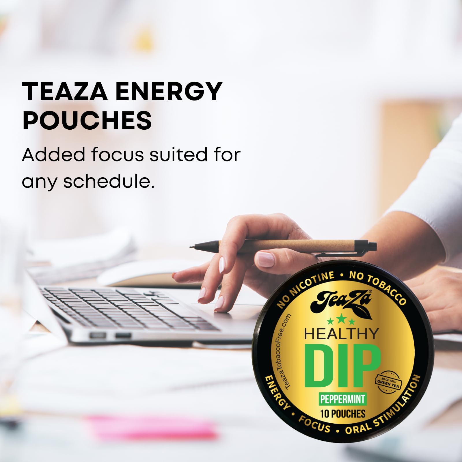 TeaZA Herbal Energy Pouches, Nicotine Free Tobacco Free Smokeless Alternative Snuff, Made with Green Tea Caffeine Dip Pouches, P