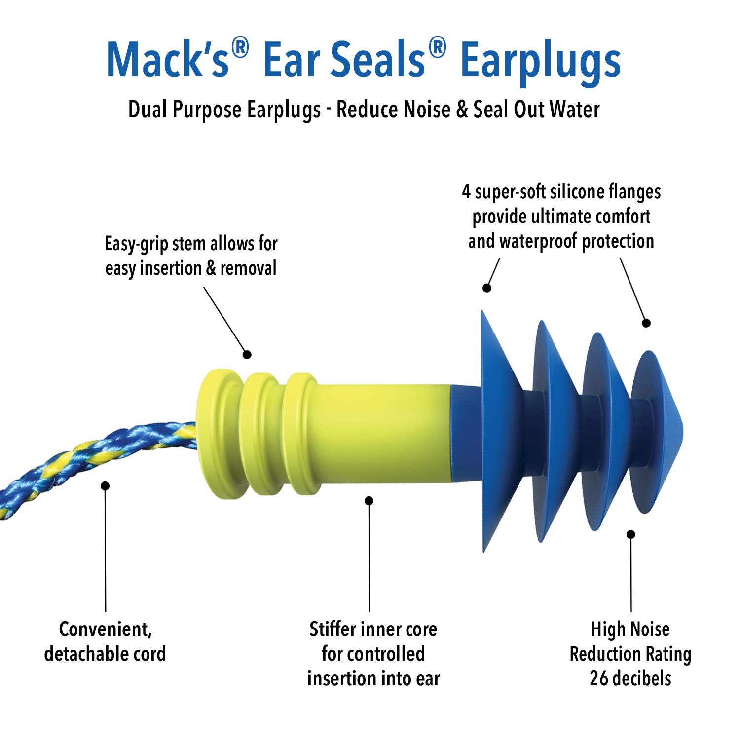 Macks Ear Seals Earplugs, 1 Pair with Detachable Cord - 26db High NRR - Dual Purpose Comfortable Ear Plugs for Noise Reduction a