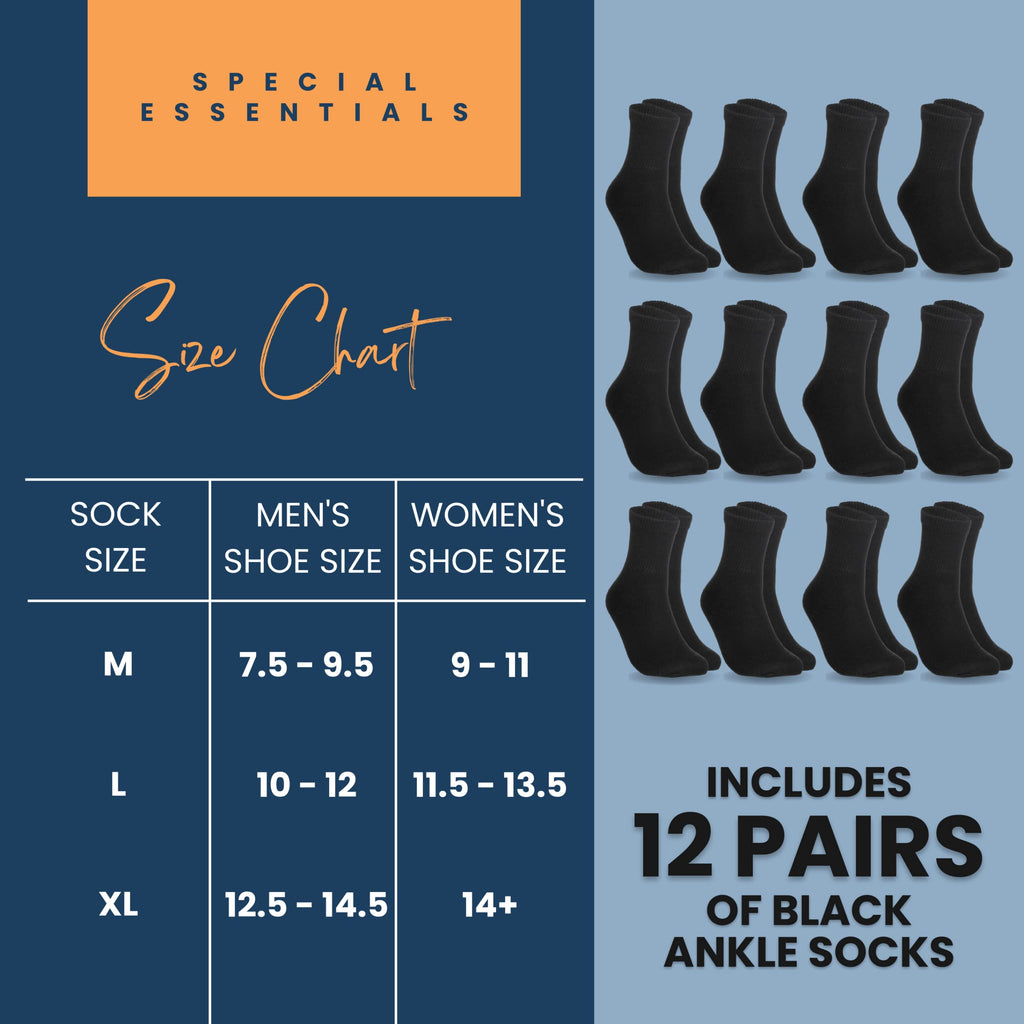 Special Essentials 12 Pairs Cotton Diabetic Ankle Socks - Non-Binding With Extra Wide Top For Men and Women Black 10-13