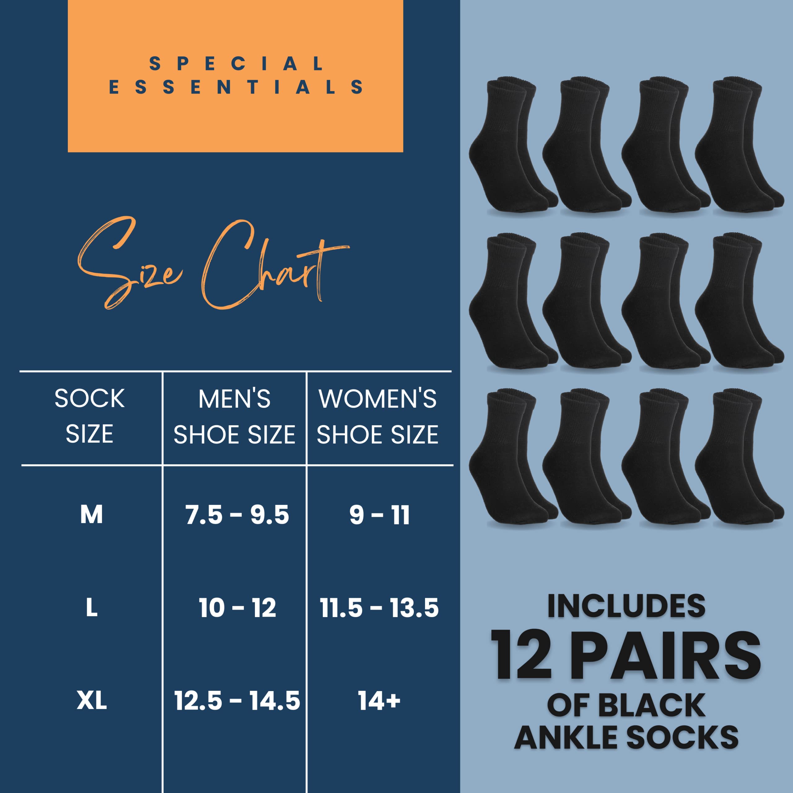 Special Essentials 12 Pairs Cotton Diabetic Ankle Socks - Non-Binding With Extra Wide Top For Men and Women Black 10-13