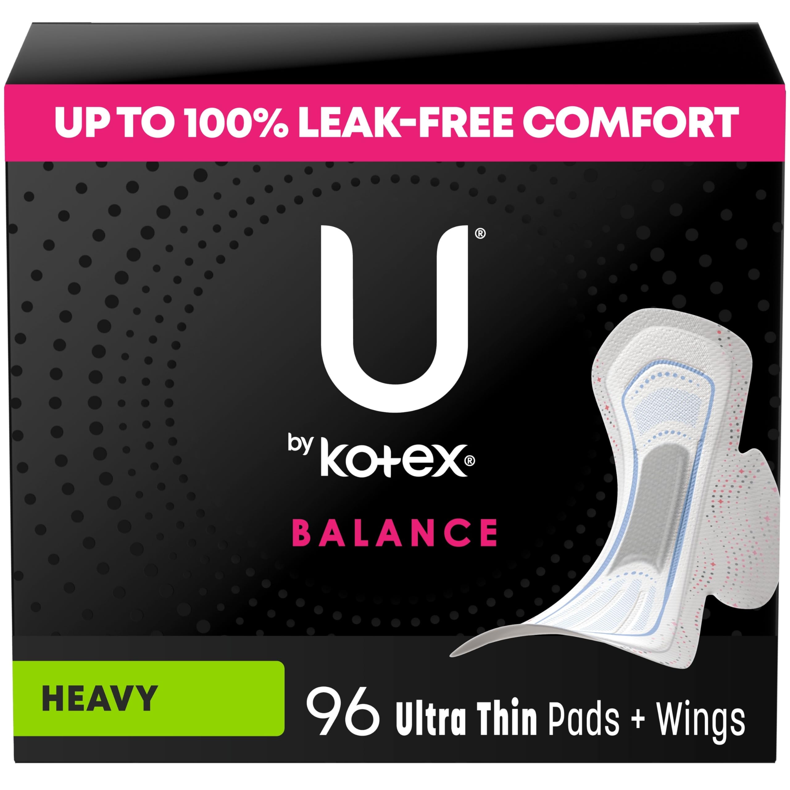 U by Kotex Balance Ultra Thin Pads with Wings, Heavy Absorbency, 96 Count (6 Packs of 16) (Packaging May Vary)