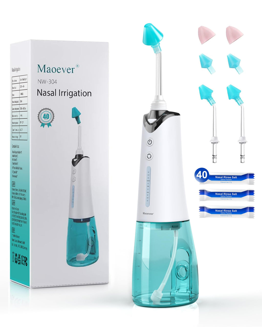 Nasal Irrigation System, Cordless Nasal Rinse Machine for Sinus Relief & Nasal Care, Electric Neti Pot with 6 Tips and 40 Salt P