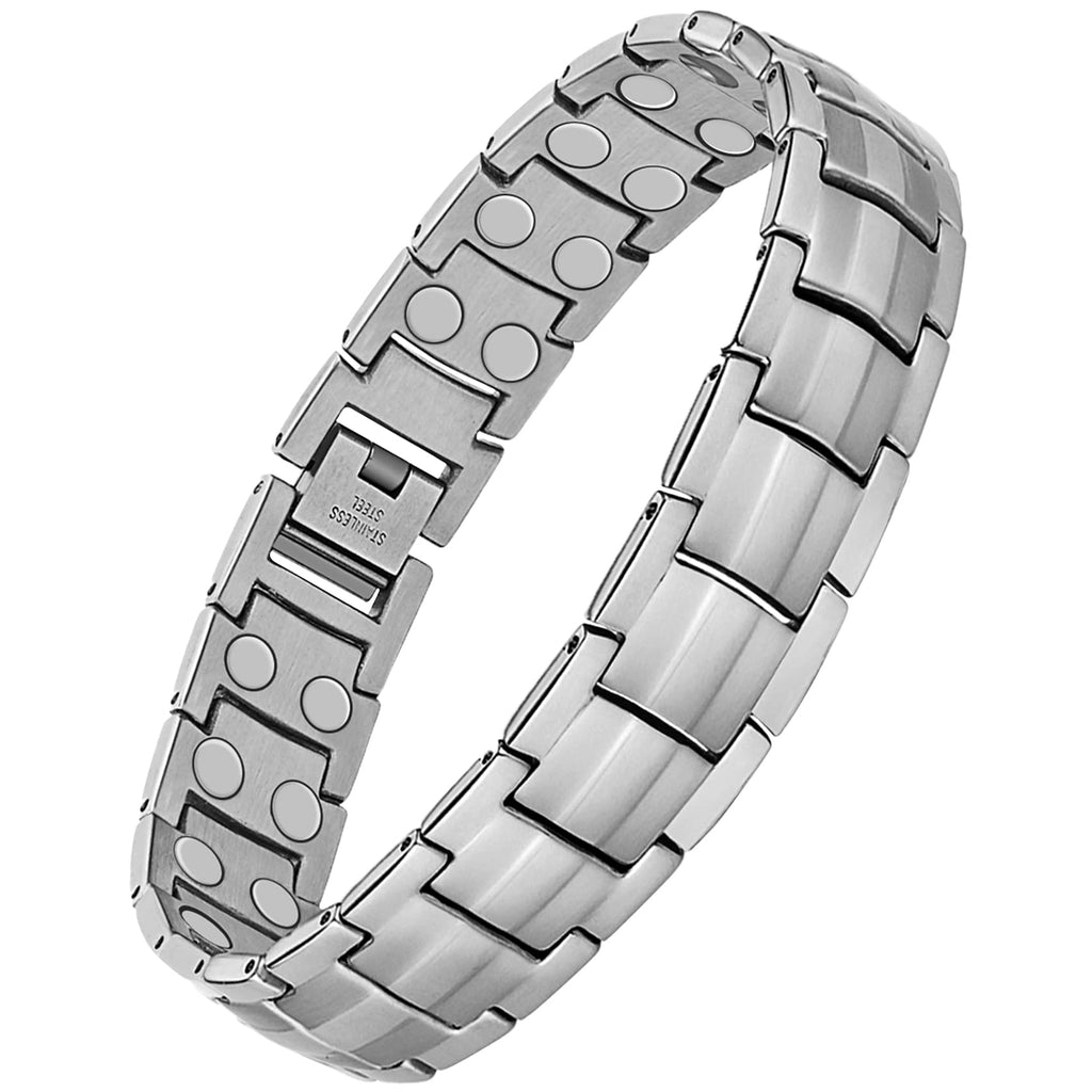 Feraco Magnetic Bracelet for Men Titanium Steel Magnetic Bracelet for Men with Double Row Magnets Adjustable (Silver)